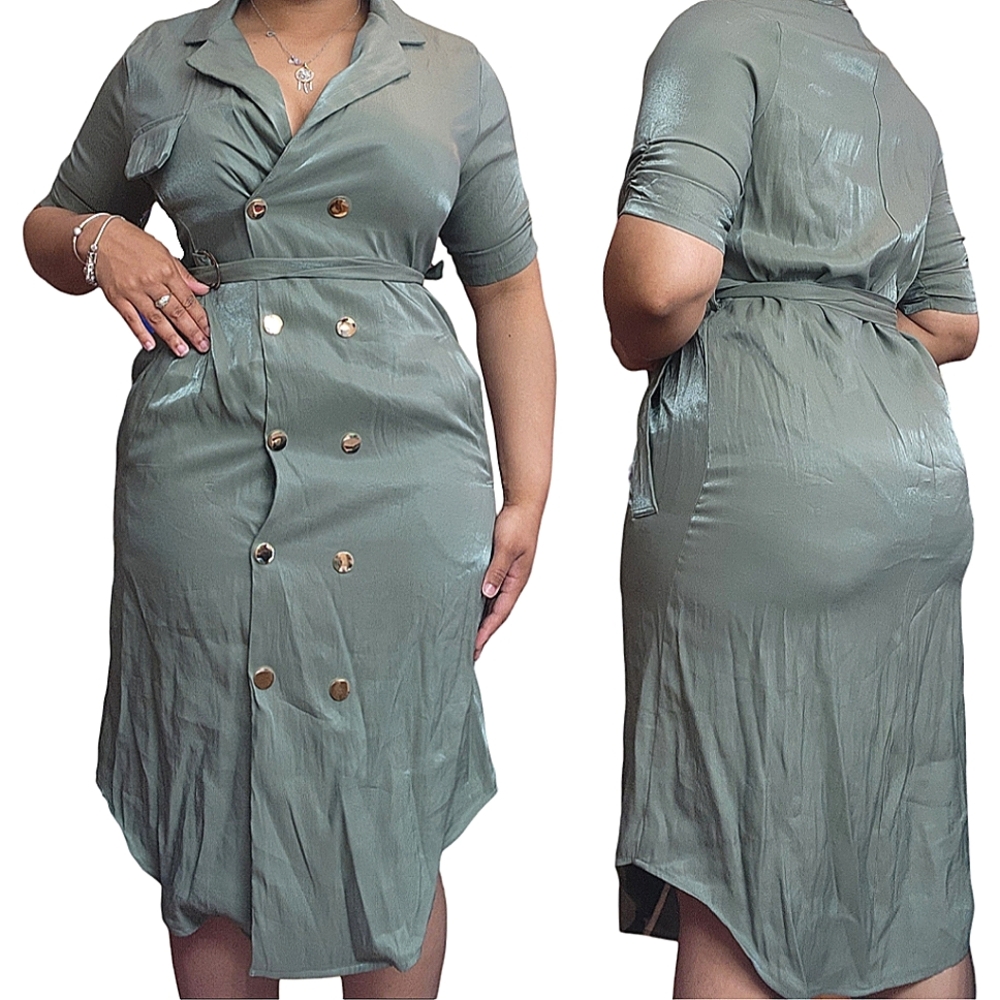 Vewzeel Celadon Mint Metallic Shimmery Green Asymmetrical Button Up Dress